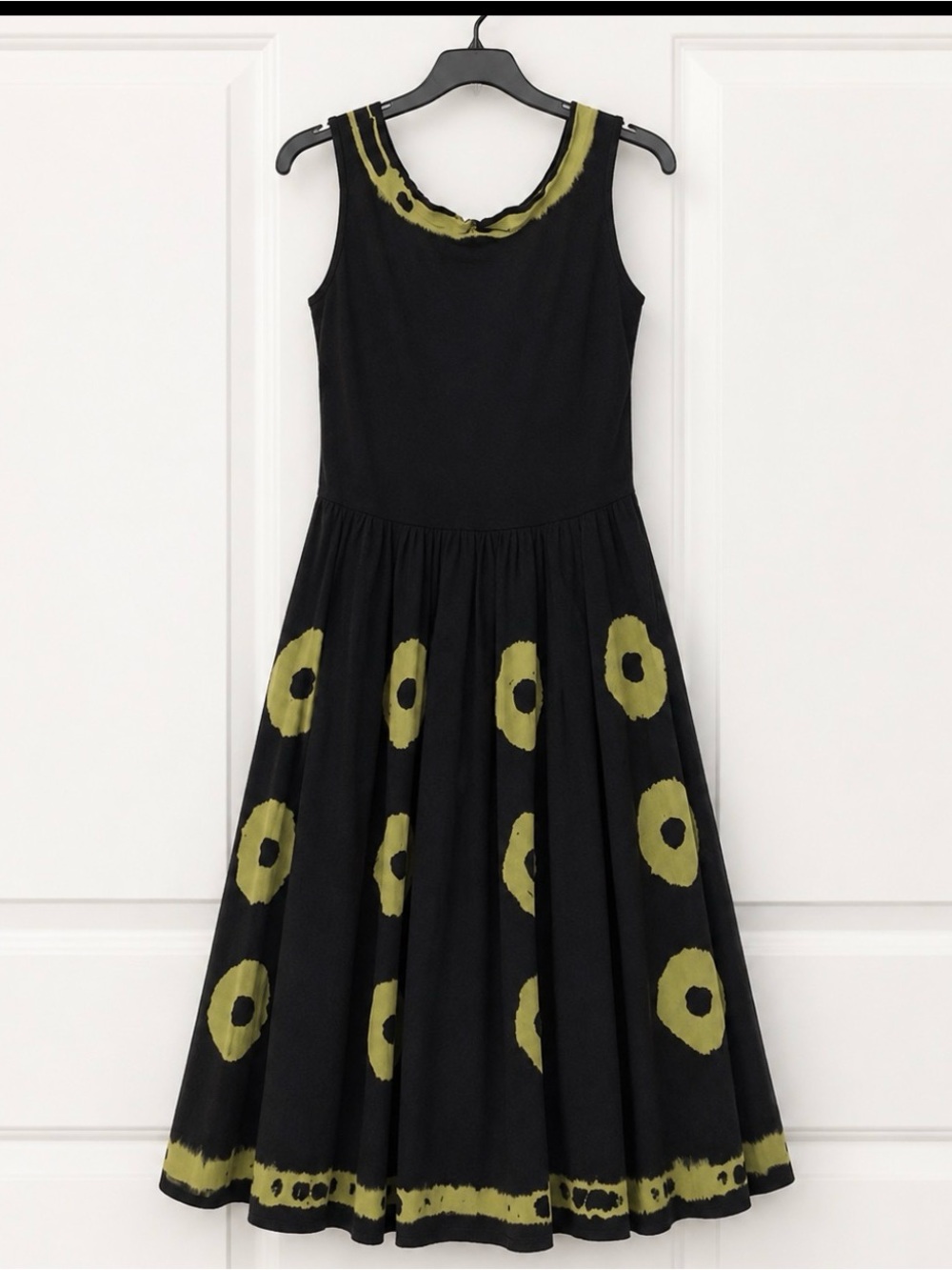 Black and Bright Green Elegant Flowy Batik style dress, size large